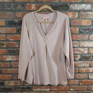 Evri Long Sleeve Ribbed Knit Pleated V-neck Top in Dusty Rose Casual Women's 1X
